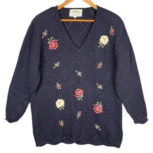VTG Susan Bristol Classic Ribbon Woven Floral Sweater Womens L Cottagecore 90s